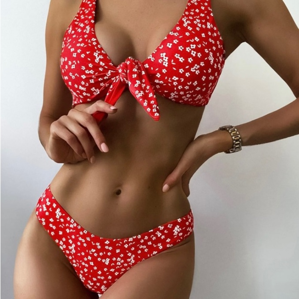 ZAFUL Print Color Strap Padded Front Knot Bikini Set Fire Engine Red Sz M NWT